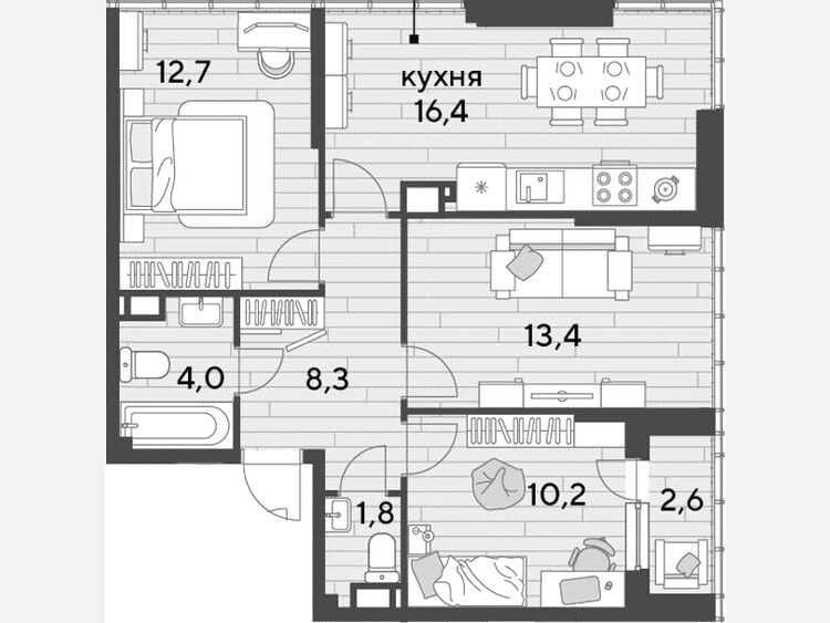 4-комнатная квартира, 66.80 м², 16/16 этаж фото 0