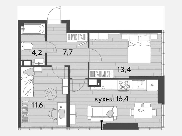 3-комнатная квартира, 53.30 м², 16/16 этаж фото 0