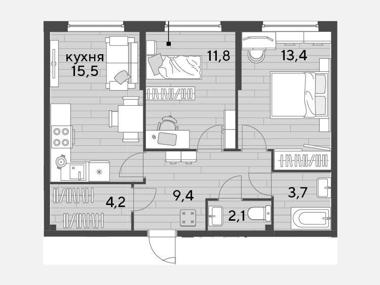 3-комнатная квартира, 60.10 м², 2/16 этаж фото 0