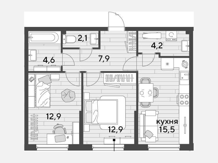 3-комнатная квартира, 60.10 м², 2/16 этаж фото 0