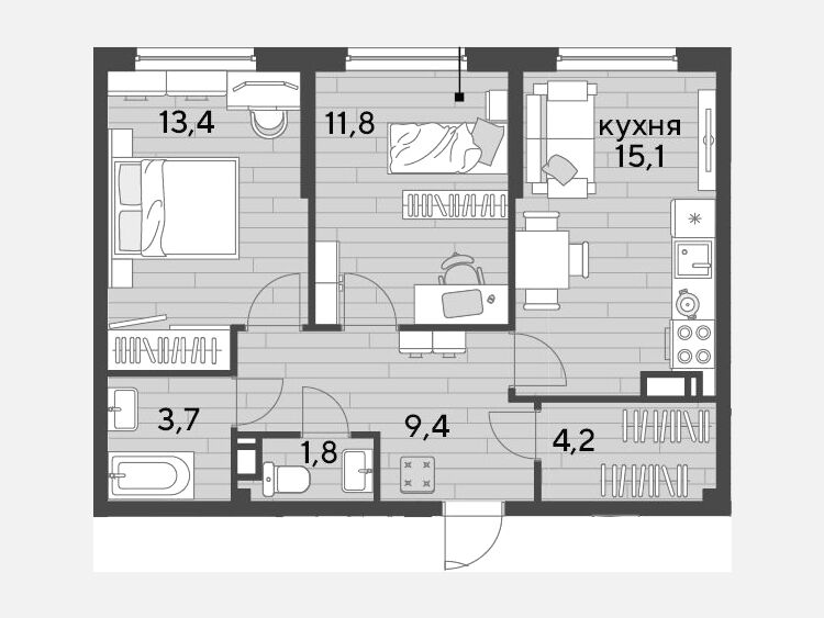3-комнатная квартира, 59.40 м², 14/16 этаж фото 0