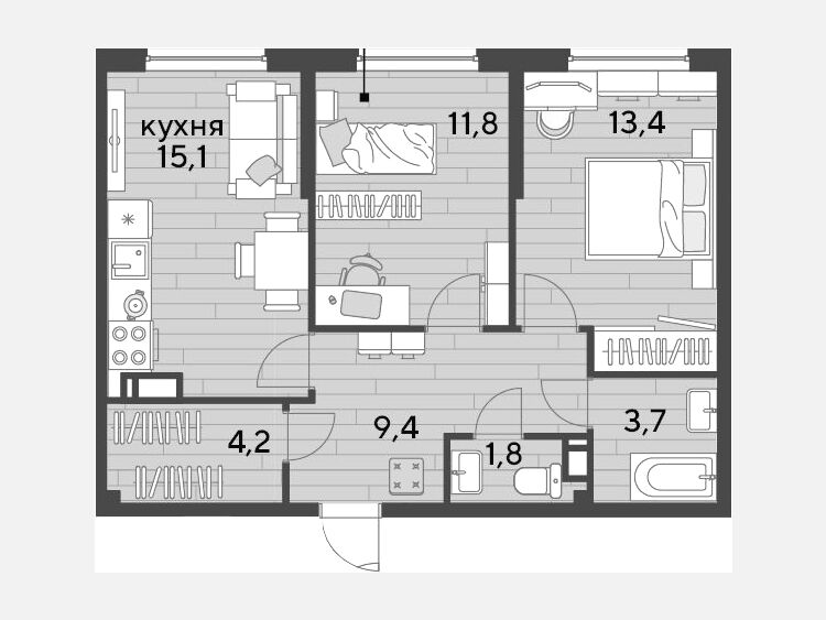 3-комнатная квартира, 59.40 м², 14/16 этаж фото 0