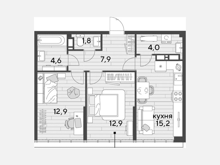 3-комнатная квартира, 59.30 м², 16/16 этаж фото 0
