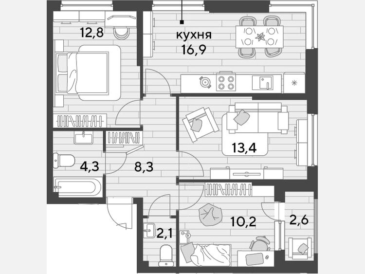 4-комнатная квартира, 68 м², 2/16 этаж фото 0