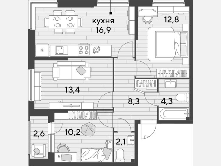 4-комнатная квартира, 68 м², 2/16 этаж фото 0