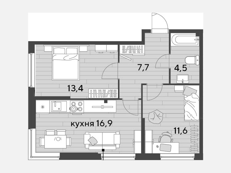 3-комнатная квартира, 54.10 м², 2/16 этаж фото 0