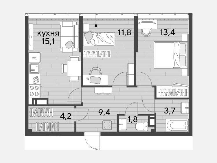 3-комнатная квартира, 59.40 м², 15/16 этаж фото 0