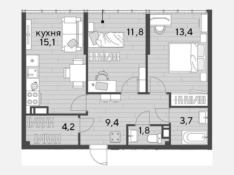 3-комнатная квартира, 59.40 м², 16/16 этаж фото 0