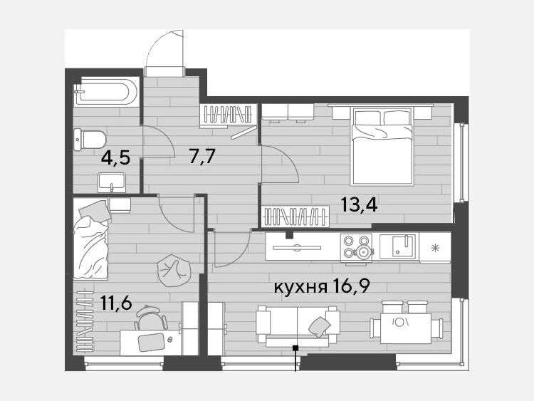 3-комнатная квартира, 54.10 м², 2/16 этаж фото 0