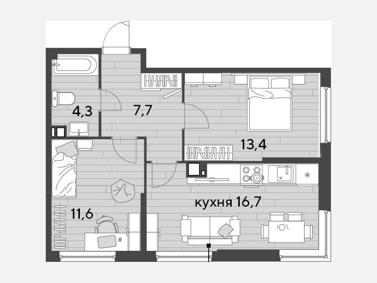 3-комнатная квартира, 53.70 м², 3/16 этаж фото 0