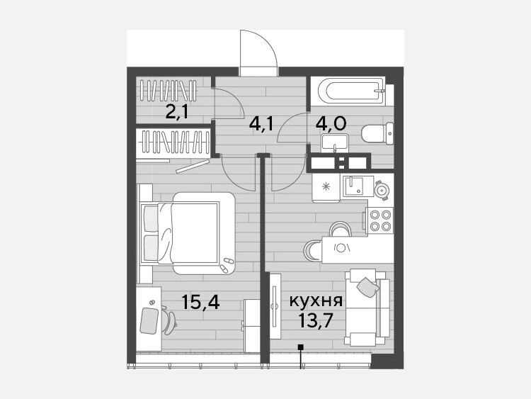 1-комнатная квартира, 39.30 м², 15/16 этаж фото 0