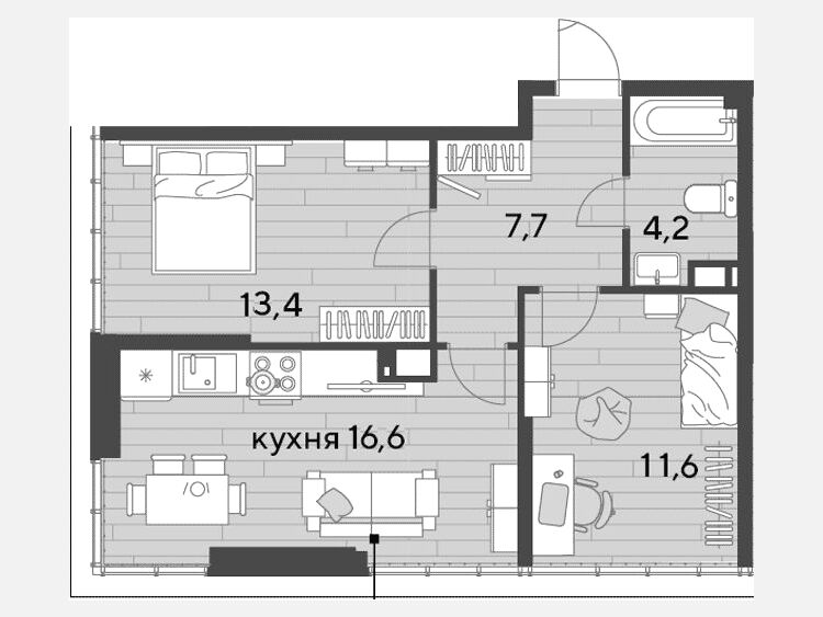 3-комнатная квартира, 53.50 м², 16/16 этаж фото 0