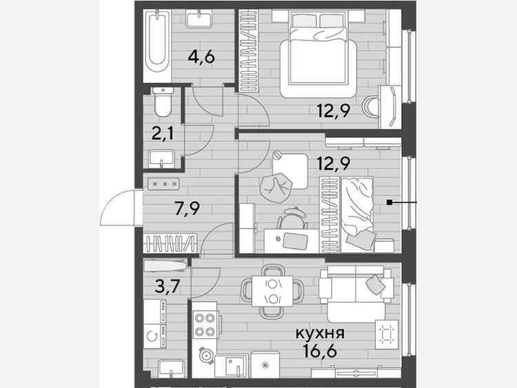 3-комнатная квартира, 60.70 м², 2/16 этаж фото 0