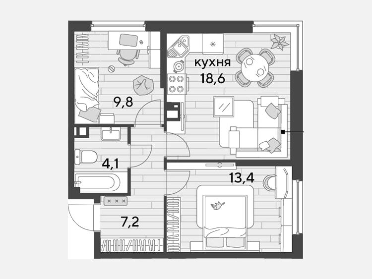 3-комнатная квартира, 53.10 м², 8/16 этаж фото 0