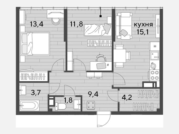 3-комнатная квартира, 59.40 м², 16/16 этаж фото 0