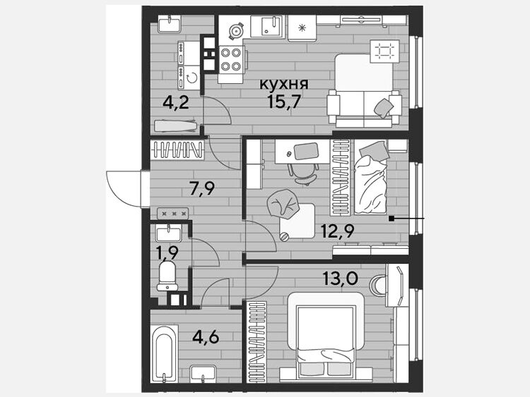 3-комнатная квартира, 60.20 м², 4/19 этаж фото 0