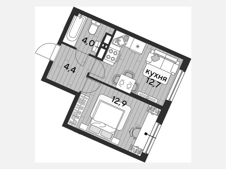 1-комнатная квартира, 34 м², 17/19 этаж фото 0