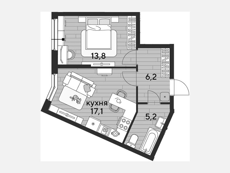 2-комнатная квартира, 42.30 м², 2/19 этаж фото 0