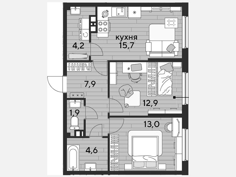 3-комнатная квартира, 60.20 м², 5/19 этаж фото 0