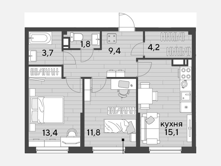 3-комнатная квартира, 59.40 м², 15/19 этаж фото 0
