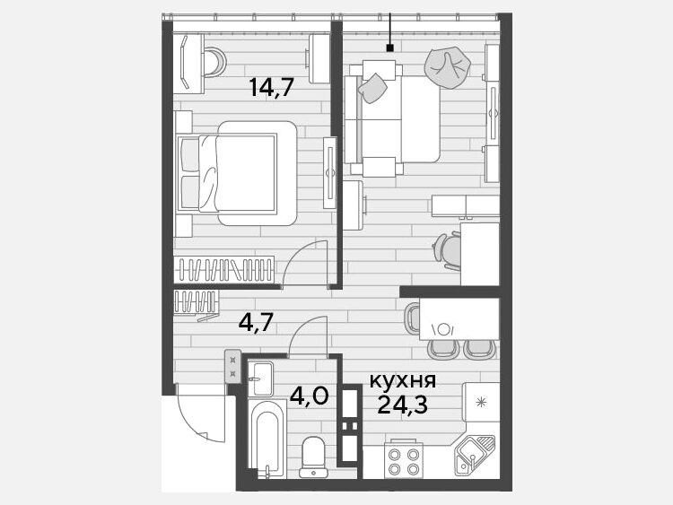 2-комнатная квартира, 47.70 м², 18/19 этаж фото 0