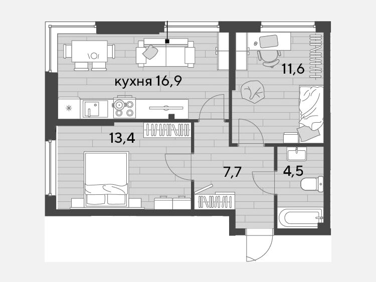 3-комнатная квартира, 54.10 м², 2/19 этаж фото 0