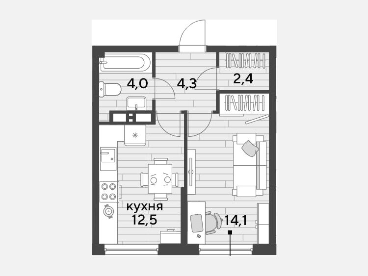 1-комнатная квартира, 37.30 м², 15/19 этаж фото 0