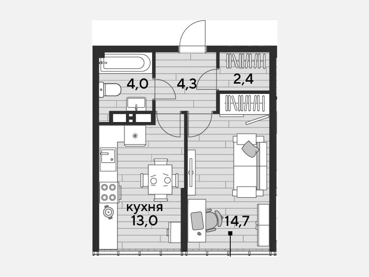 1-комнатная квартира, 38.40 м², 19/19 этаж фото 0