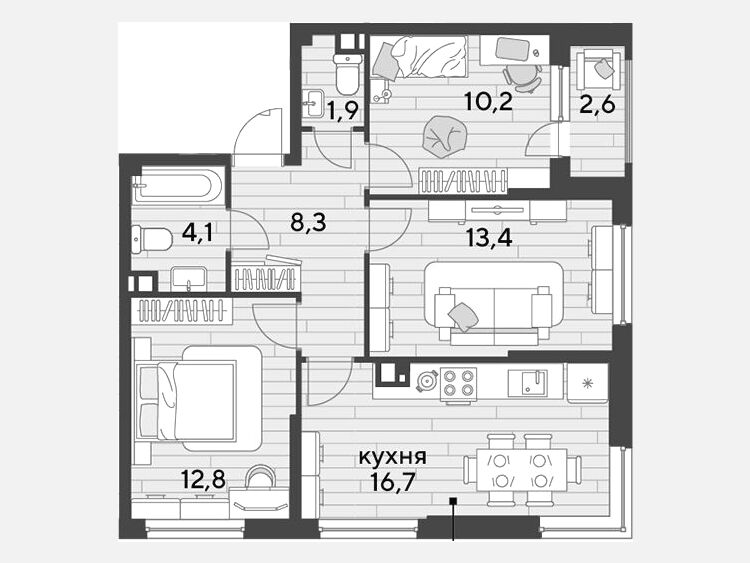 4-комнатная квартира, 67.40 м², 5/16 этаж фото 0