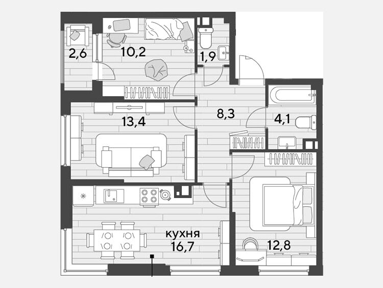 4-комнатная квартира, 67.40 м², 5/16 этаж фото 0