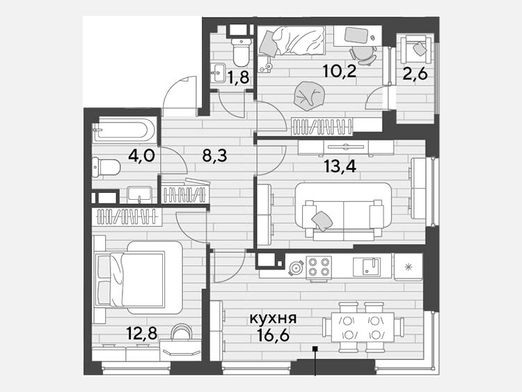 4-комнатная квартира, 67.10 м², 14/16 этаж фото 0