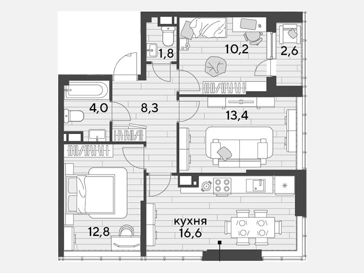 4-комнатная квартира, 67.10 м², 15/16 этаж фото 0
