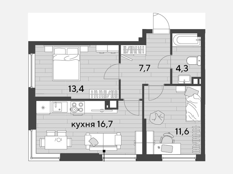 3-комнатная квартира, 53.70 м², 7/16 этаж фото 0