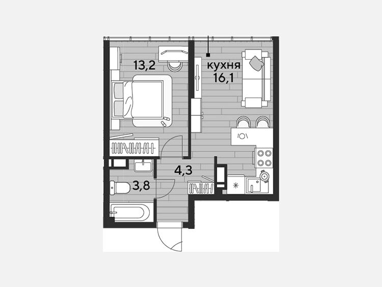 2-комнатная квартира, 37.40 м², 16/16 этаж фото 0