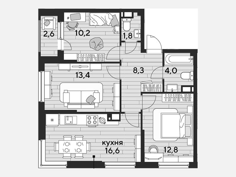 4-комнатная квартира, 67.10 м², 12/16 этаж фото 0