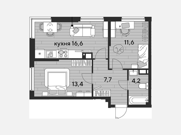 3-комнатная квартира, 53.50 м², 13/16 этаж фото 0