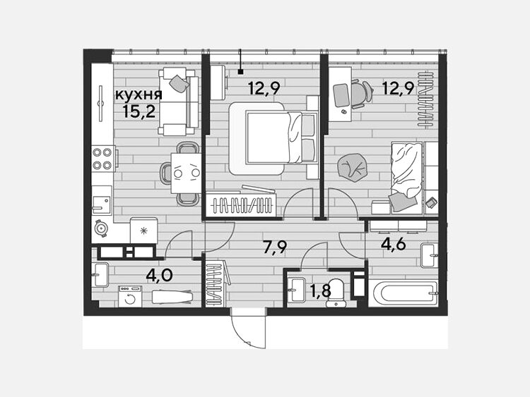3-комнатная квартира, 59.30 м², 15/16 этаж фото 0