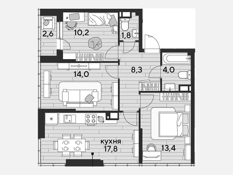 4-комнатная квартира, 69.50 м², 16/16 этаж фото 0