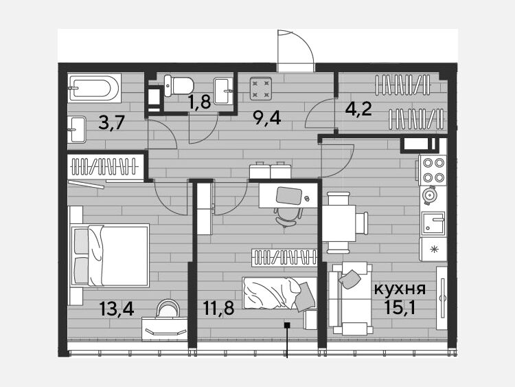 3-комнатная квартира, 59.40 м², 15/16 этаж фото 0