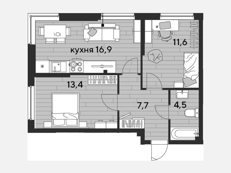 3-комнатная квартира, 54.10 м², 2/16 этаж фото 0