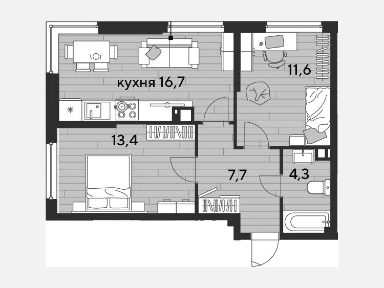3-комнатная квартира, 53.70 м², 5/16 этаж фото 0