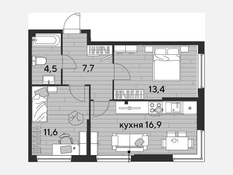 3-комнатная квартира, 54.10 м², 2/19 этаж фото 0