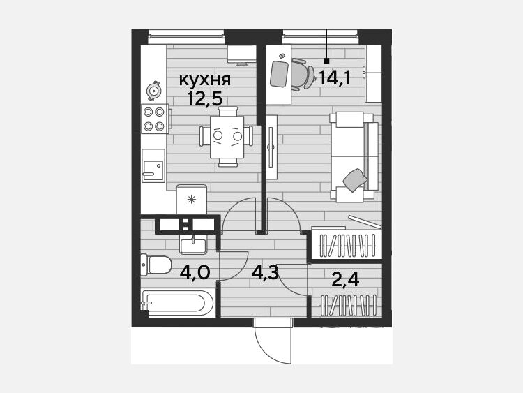 1-комнатная квартира, 37.30 м², 11/19 этаж фото 0