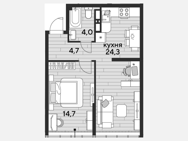 2-комнатная квартира, 47.70 м², 18/19 этаж фото 0