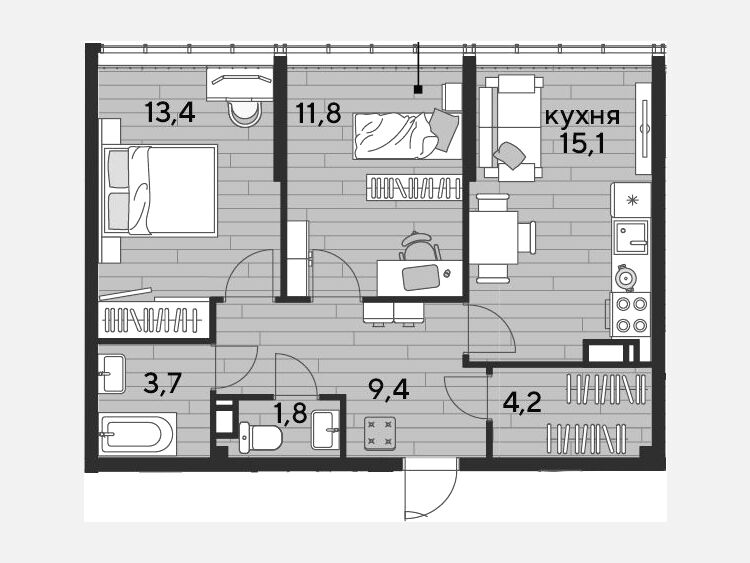 3-комнатная квартира, 59.40 м², 18/19 этаж фото 0
