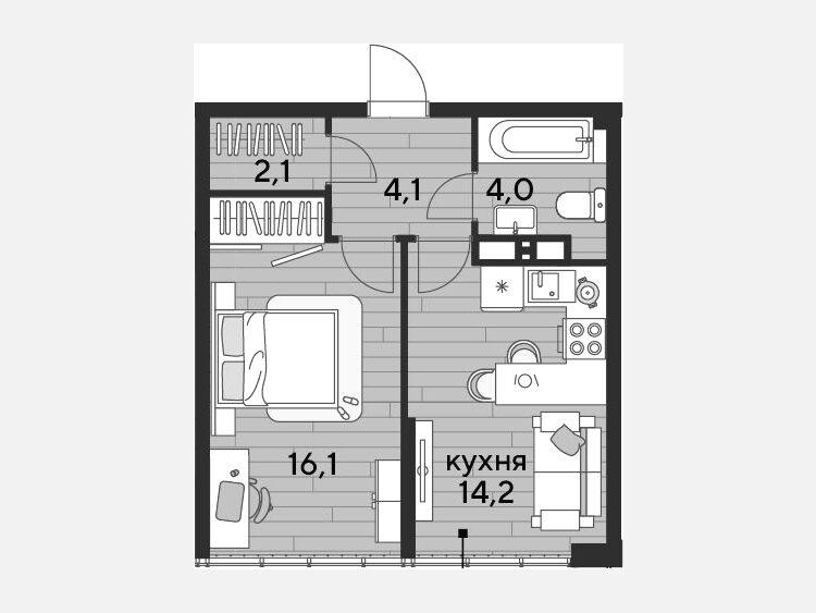 1-комнатная квартира, 40.50 м², 19/19 этаж фото 0