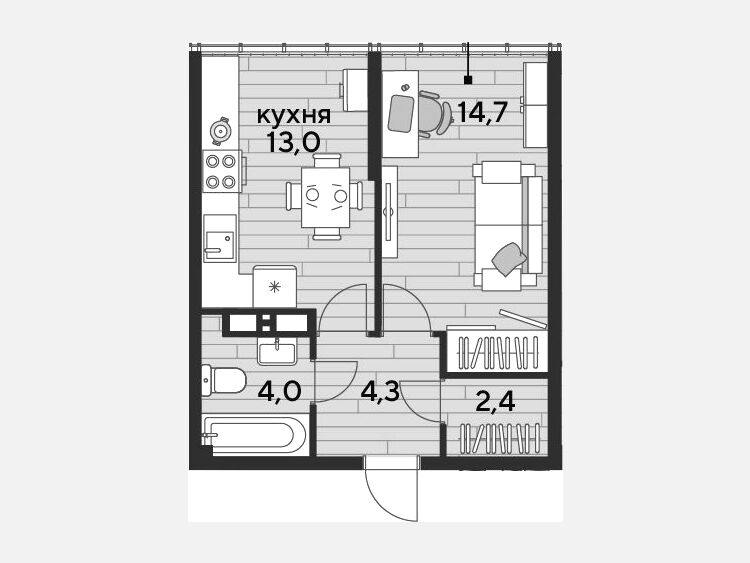 1-комнатная квартира, 38.40 м², 19/19 этаж фото 0