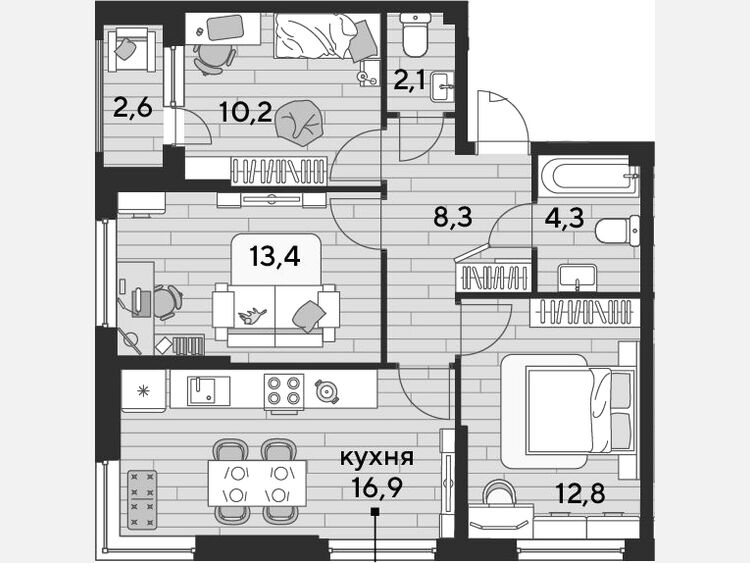 4-комнатная квартира, 68 м², 2/16 этаж фото 0