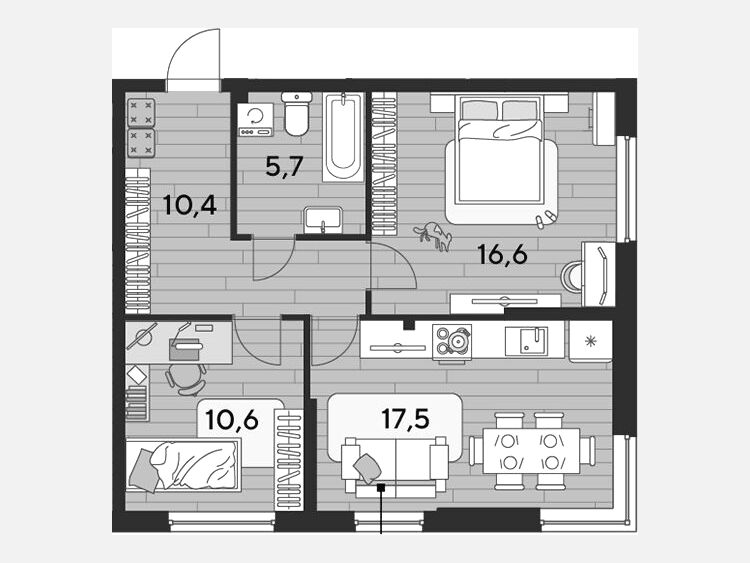 3-комнатная квартира, 60.80 м², 2/16 этаж фото 0