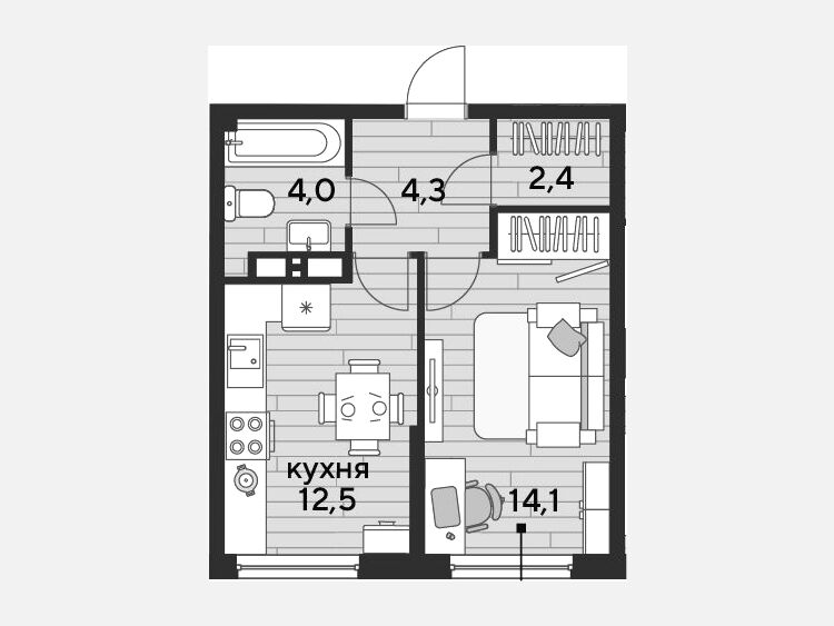 1-комнатная квартира, 37.30 м², 11/16 этаж фото 0